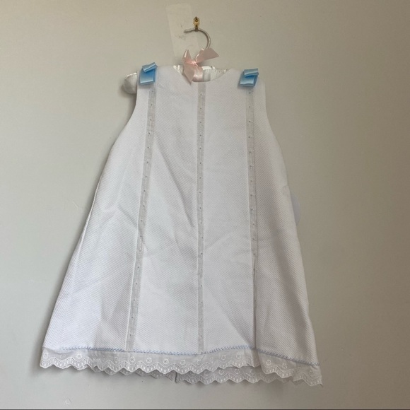 LOVELY WHITE DRESS W/LACE & BLUE RIBBON pique Luli & Me 4T NWT - Picture 2 of 6